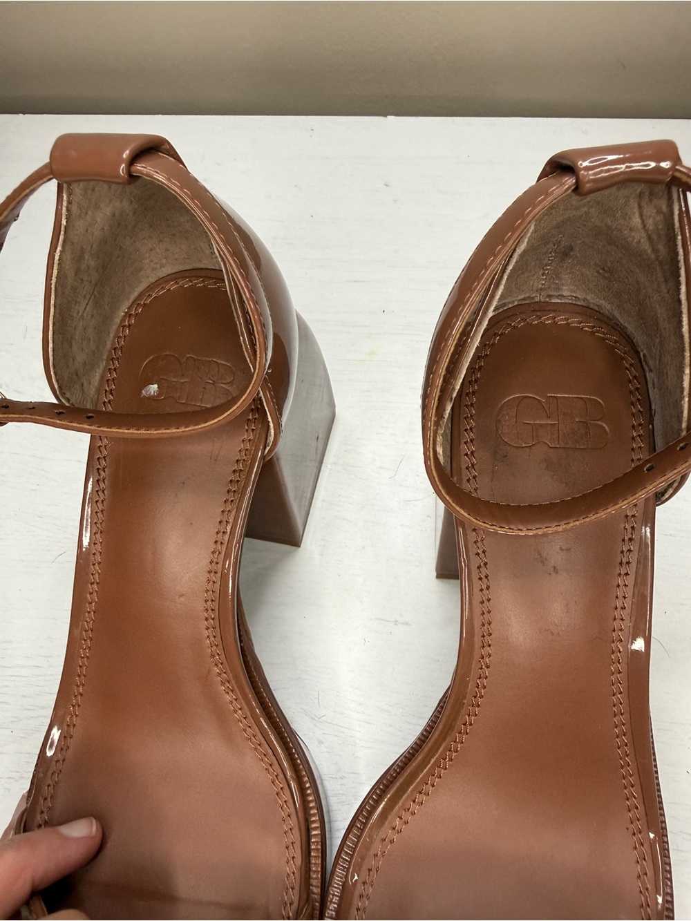 Gianni Bini Brown Say-So Patent Square Toe Ankle Strap Platform Sandals - Picture 2 of 16